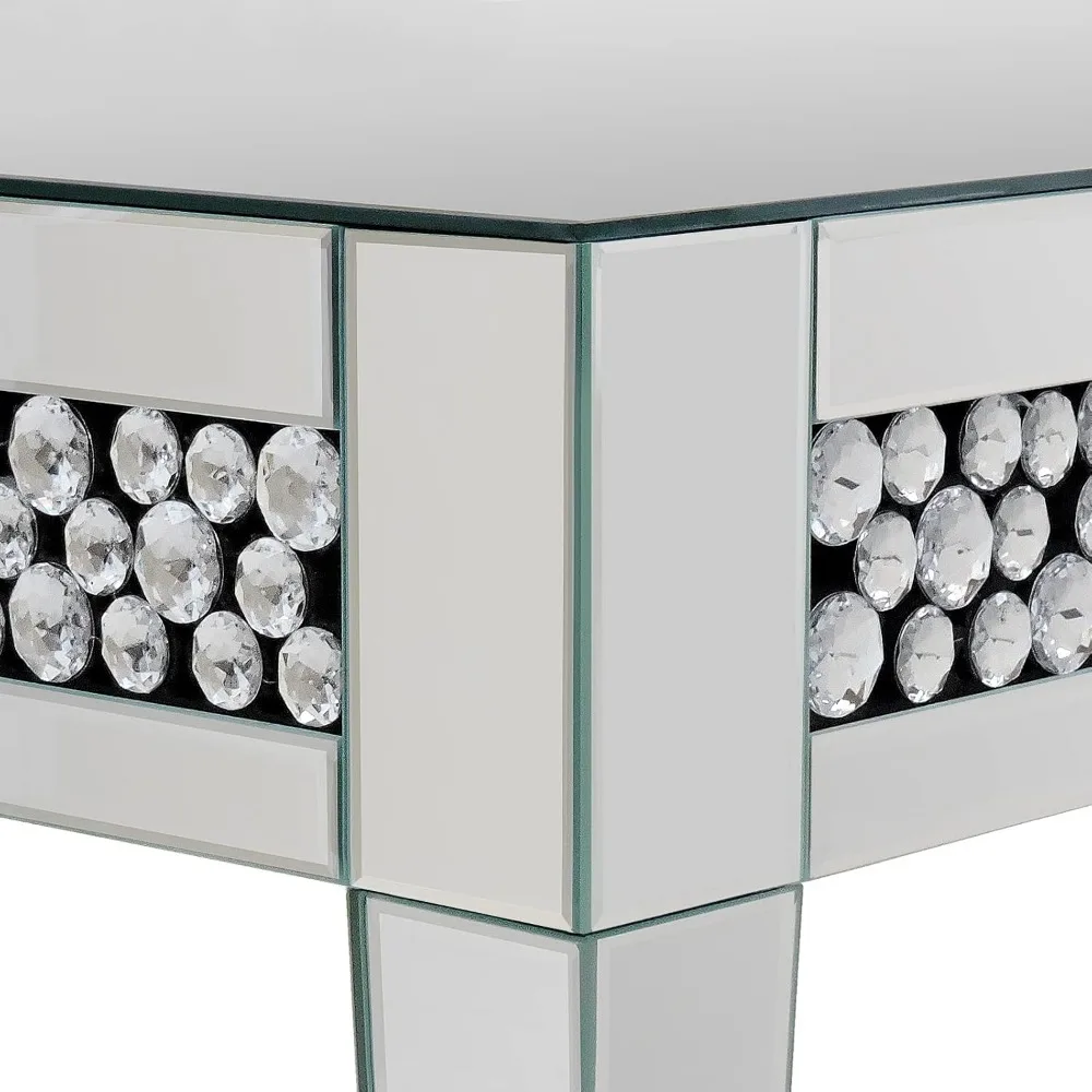 Rectangle Mirrored Coffee Table, Silver Living Room Table with Cryatal Diamond Inlay