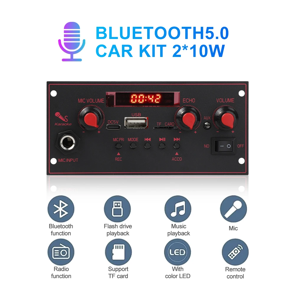 Description Picture 3 of item20W Amplifier DC 5V Bluetooth Decoder Board 6.5mm Microphone FM Radio TF USB Car Audio Music Player Speakers Volume Control DIY