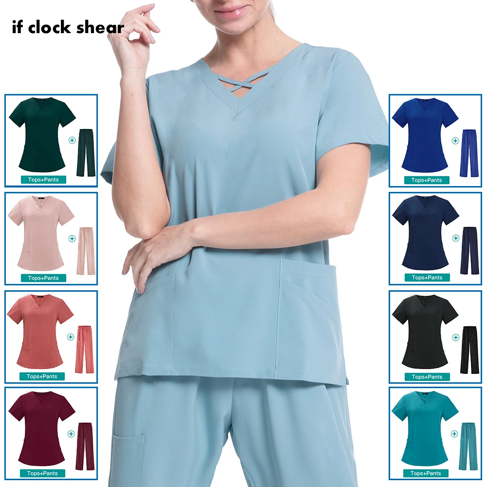 Women Men Doctor Nurse Scrub Suits T Shirt TopLong Pants Set Uniform Workwear 