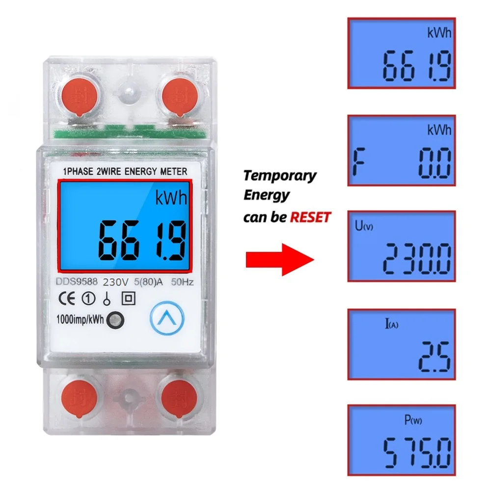 Trilho DIN Monofásico Digital KWh Medidor, Consumo