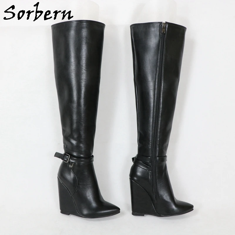 

Sorbern 12Cm Wedge Women Boots Knee High Pointed Toe Ankle Strap Daily Footwear Unisex Style Boot Custom Wide Or Slim Fit Legs