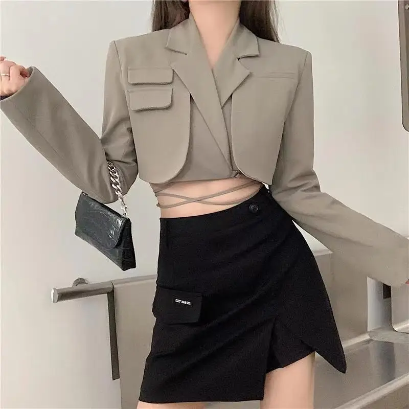 

2Piece Short Skirt Sets Womens Outifit 2023 Autumn Drawstring Long Sleeve Crop Top Y2k Mini Skirt Set Lace-up Blazer Suit