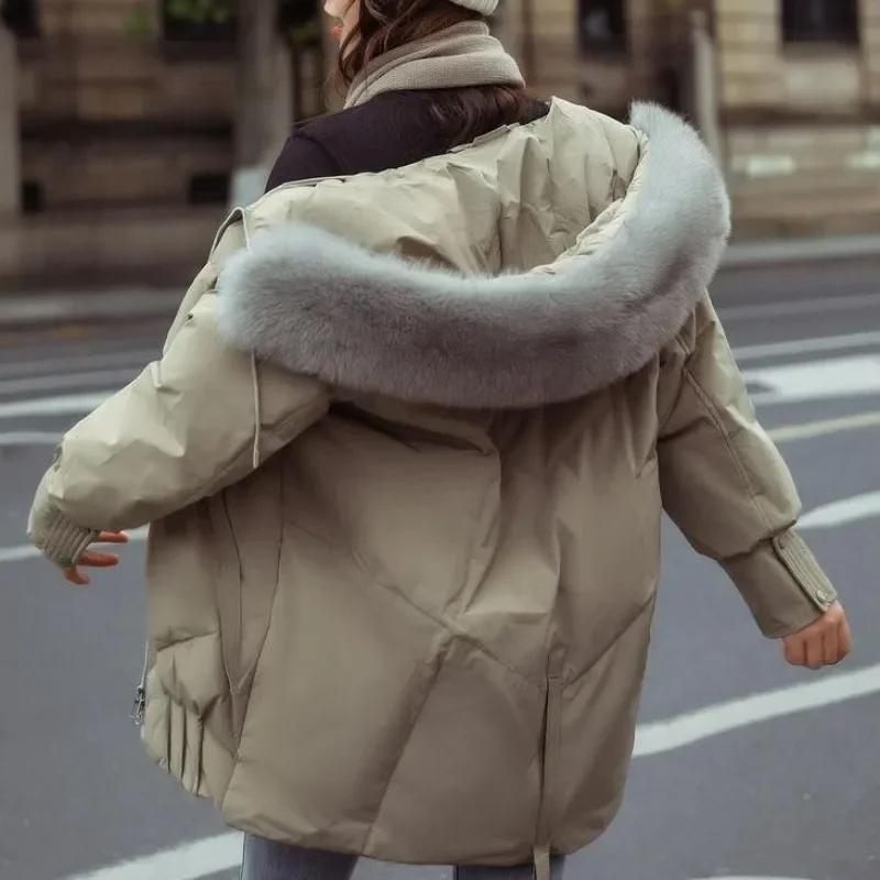 2024 New Women Down Jacket Winter Coat Female Mid Length Version Parkas Loose Slim Fit Thick Outwear Hooded Fur Collar Overcoat