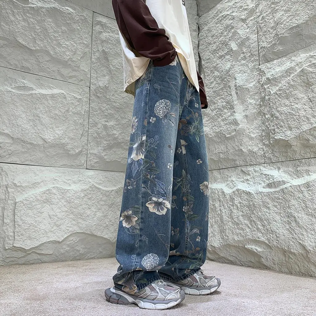 

Autumn Men Fashion Printed Jeans Denim Male Harajuku Trousers Korean Style High Street Loose Hip Hop Woman Wide-leg Jean Pants
