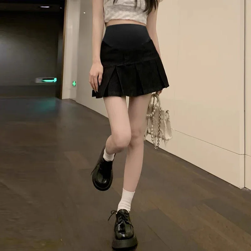 레트로 플리츠 A 라인 데님 임산부 미니 스커트, 신축성 허리 배 슬림, 임신 반바지 청바지 바지, 여름