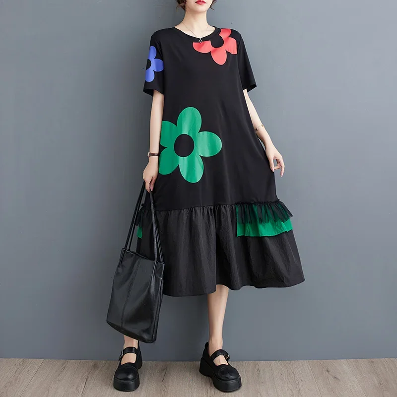 

Round Collar Short Sleeve Patchwork Flower Loose Waist Robe Dress For Women Female Summer Vintage Plus Size Woman Dress Vestidos
