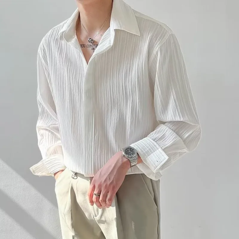 

2023 Men's High-quality Lapel Collar Social Shirts Long Sleeved Solid Color Business Shirt Loose Popular Camisa Masculina M-2XL