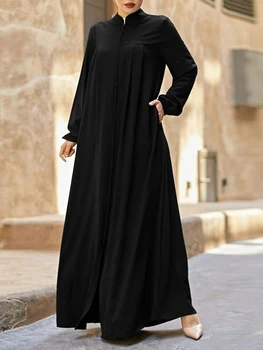 Women’s Mid-Long Dress Full Sleeve Stand Collar Zipper A-Skirt For Middle East Arabic Moslem Elegant Lady