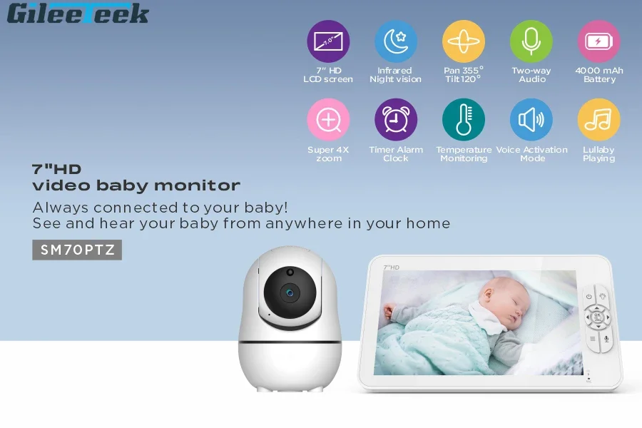 SM70 7 inch Baby Monitor Wireless with Camera Audio 4X Zoom 22Hrs Battery Night Vision Intercom 2-WayTemperature Sensor Lullaby