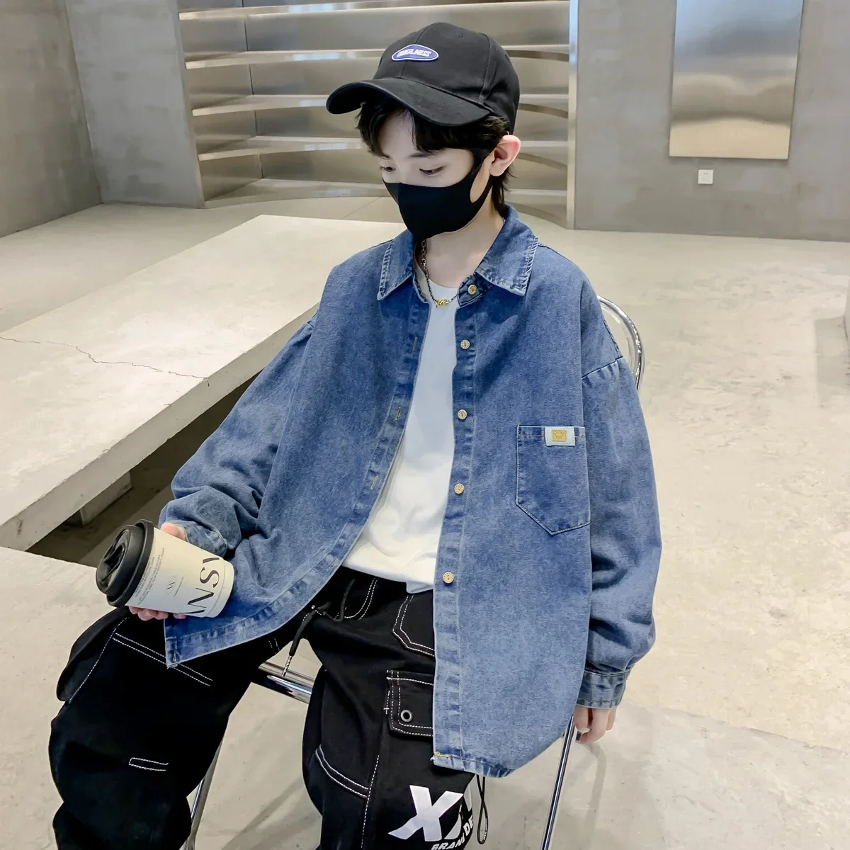 Boys' Denim Shirt Slim Fit Collared Jacket Spring Autumn Wear Kids' Fashionable Cool Street Style Upper Apparel