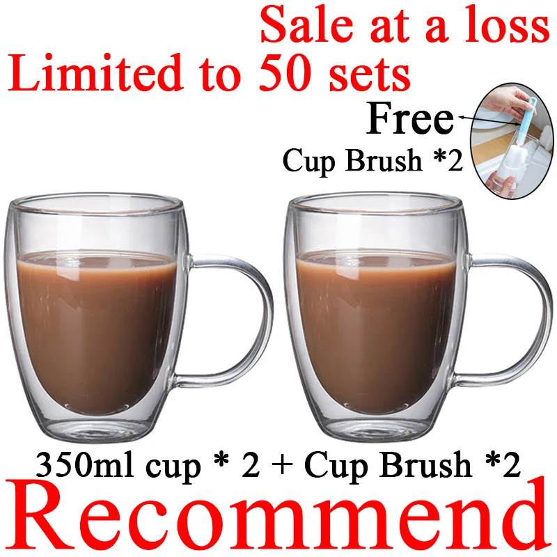 Handmade Heat Resistant Double Wall Glass Cup, 350ml Transparent Design