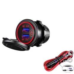 Dual USB Quick Charge Car Charger with Touch Switch and Waterproof Design - Red with Wire