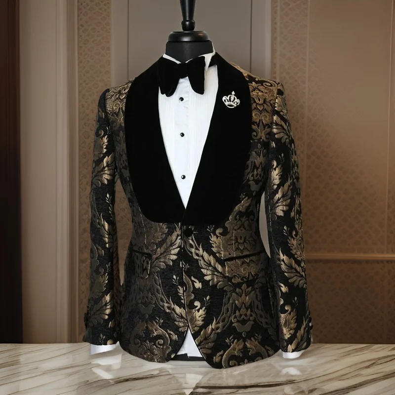 

Floral Men Blazer for Wedding Black Velvet Shawl Lapel Harringbone Man Suit Jacket Male Fashion Coat 2024 Ready to Ship