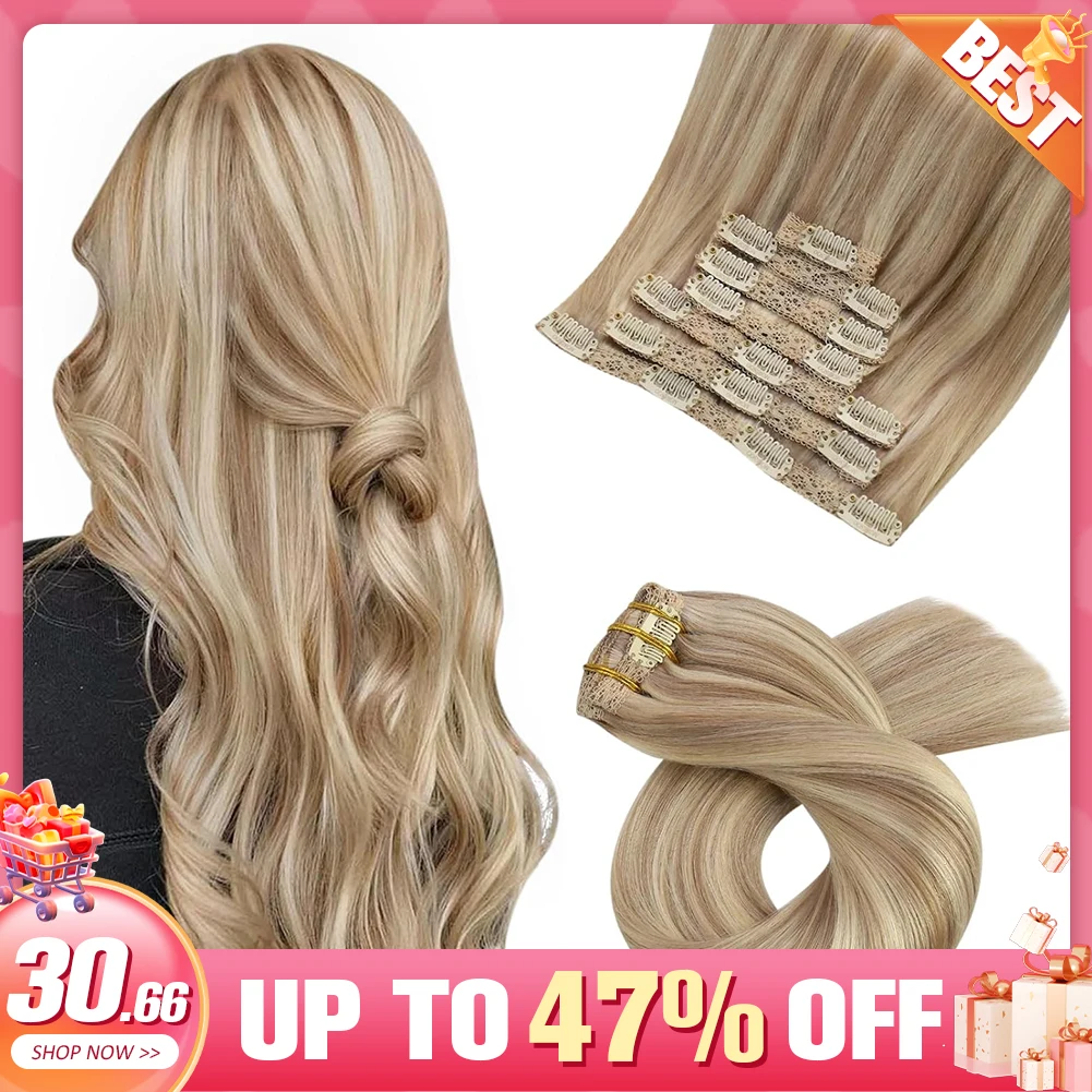 Moresoo 클립 인 헤어 익스텐션, 인모 하이라이트, 금발 헤어 익스텐션, 레미 스트레이트 헤어 익스텐션 