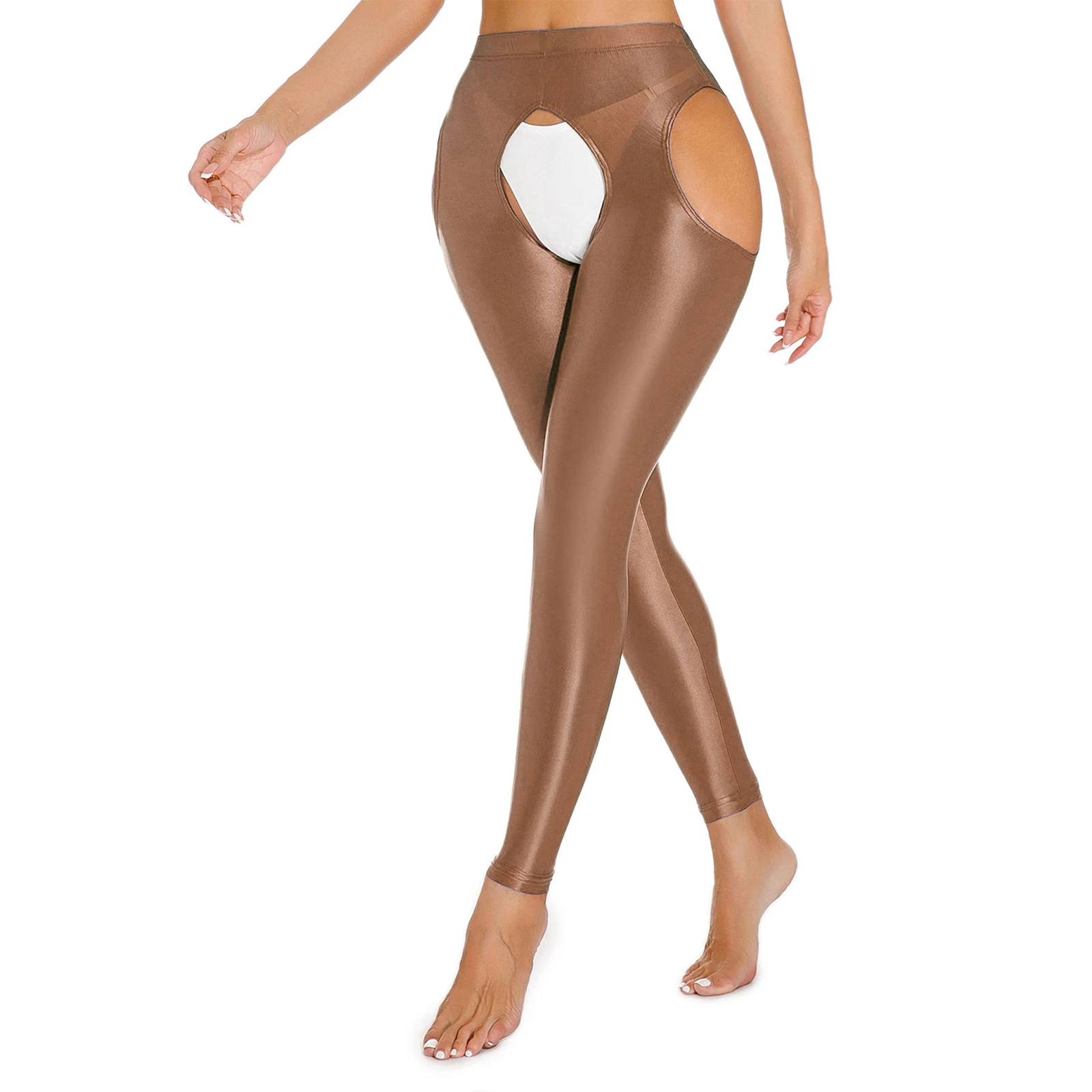 Womens Glossy Cutout Crotchless Leggings High Waist Open Crotch Thigh Hollow Out High Stretchy Pants Yoga Workout Skinny Pants