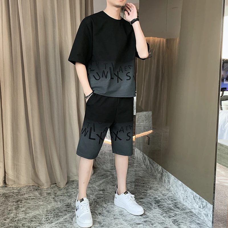 Summer Men's Pullover Round Neck Short Sleeve T-shirt with Elastic High Waist Pockets Letter Gradient Knee Pants Shorts Set