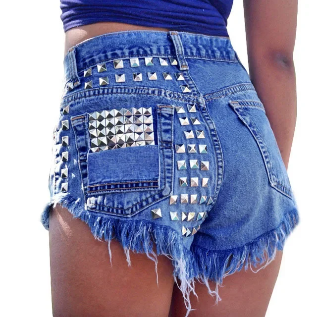 

Sexy Denim Shorts For Women High Waist Ripped Rivet Hole Jeans Distressed Cutoff Shorts