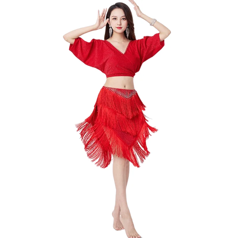 

Rave Outfit 2 Piece Fringe Tassel Skirt Sexy Rhinestone Top Women Belly Dance Oriental Latin Performance Show Costume Show Red