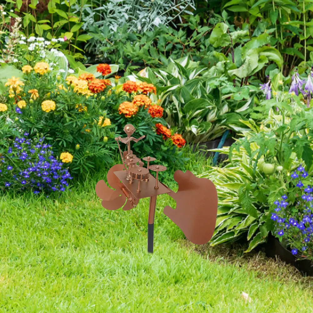 Metal Wind Spinner Handmade Drummer Windmill Outdoor Wind Sculpture Wind Power Rock Art Statue Garden Yard Lawn Patio Decorative