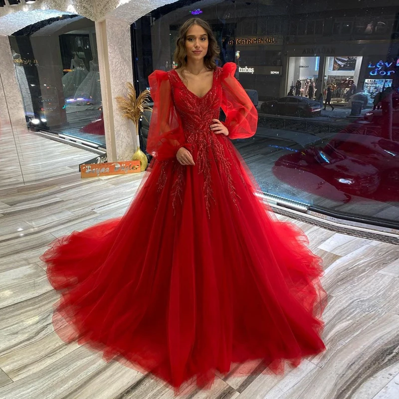 Sparkly Red Evening Dresses New Arrival Deep V Neck Glitter Tulle Long ...