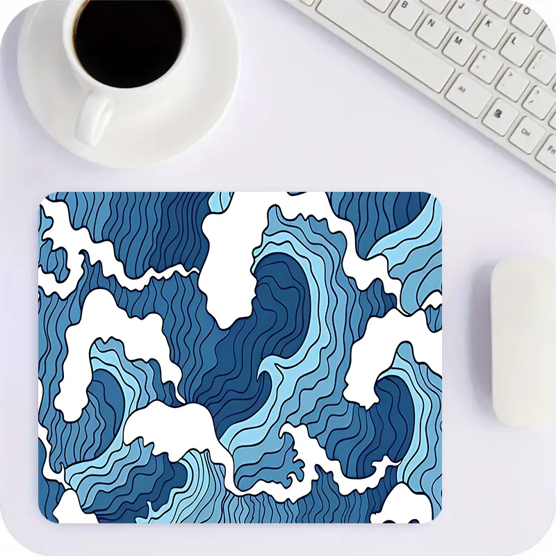 Blue and white ocean print e-sports gaming mouse pad, 2mm non-slip rubber sewn side long keyboard gaming pad, 31.49 x 11.81 inch 4