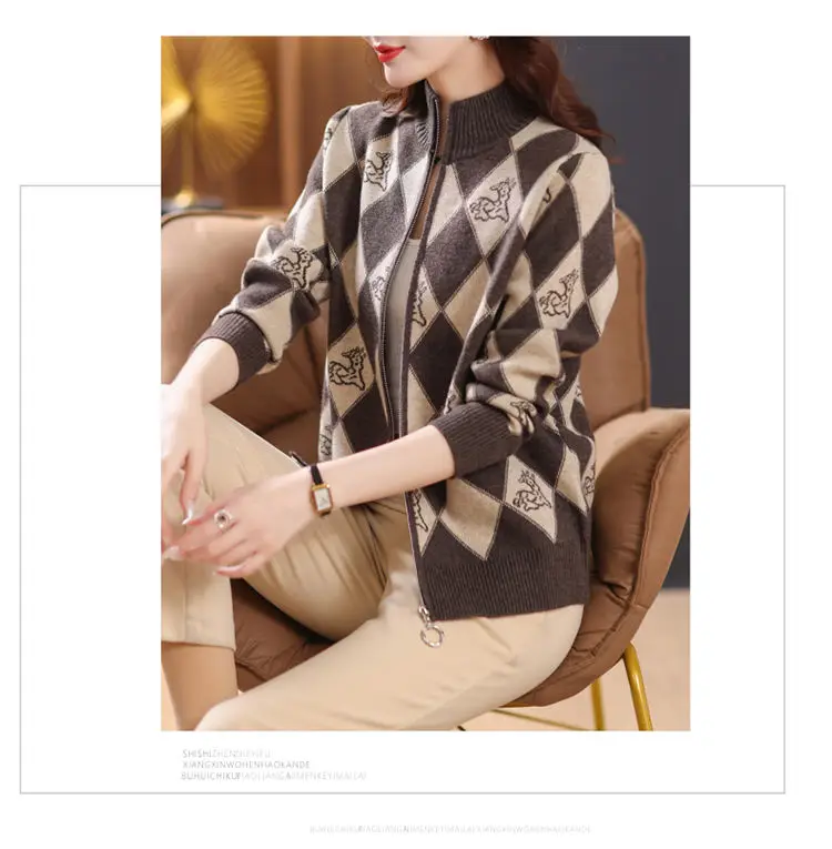 Women's Korean Vintage Plaid Sweaters Cardigan Autumn Winter Casual All-match Stand Collar Zipper Knitted Tops Female Clothing
