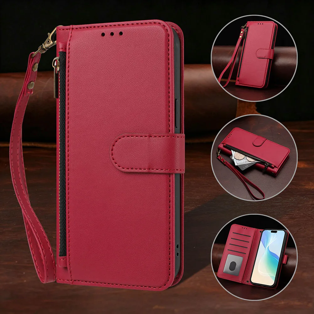 Leather Wallet Crossbody Phone Case with Lanyard Strap and Zipper