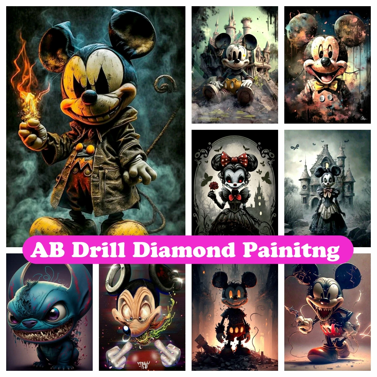 Diamond Painting Dark Mickey and Minnie Mouse 5D AB Mosaic Gothic Disney Cartoon Cross Stitch Embroidery Rhinestones Home Decor