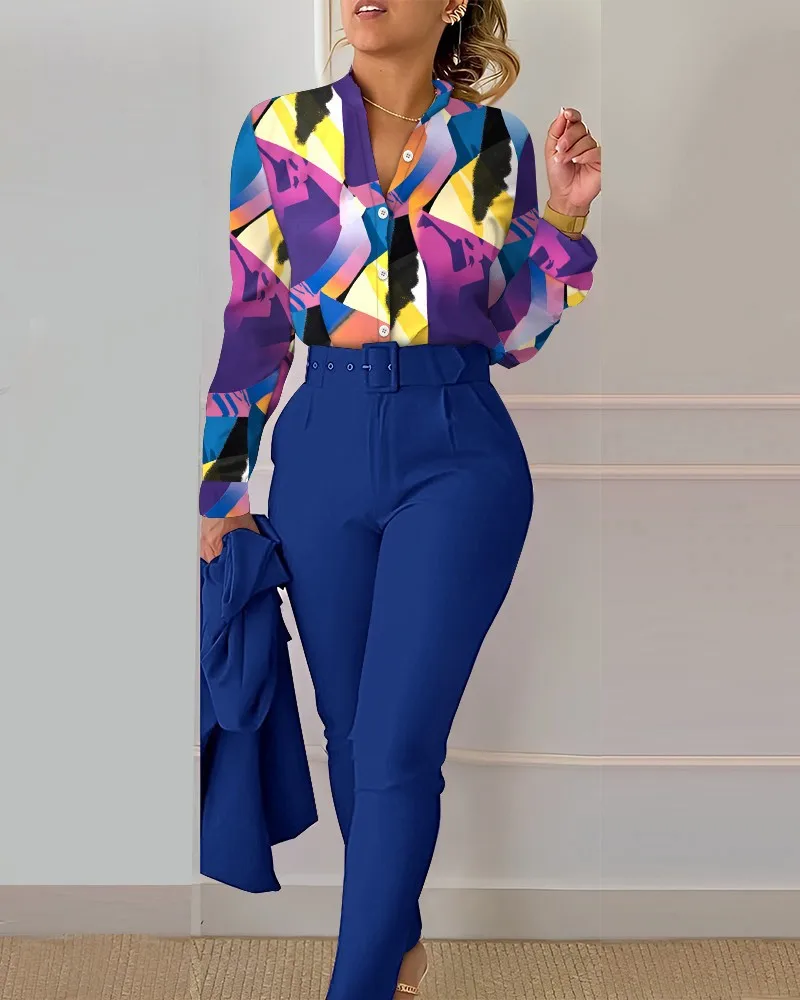 Elegant Fashion V Neck Floral Print Long Sleeve High Waist Two Piece Set Office Lady Casual Trousers Suits Women Shirt Pants Set women formal jacket and trousers office lady outfits fashion printed elegant suit two pieces set blazer coat