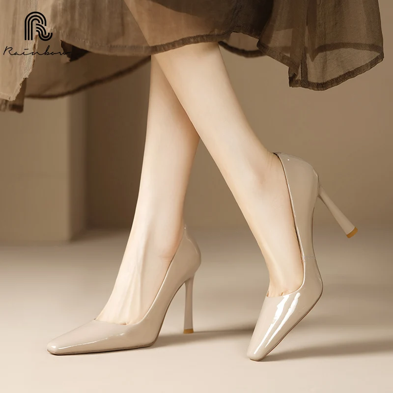 RAINBOW 33-40 Handmade Genuine Leather Shoes Trend Luxury Women Pumps Pointed square Toe High Heels Party Elegant Ladies Office 2