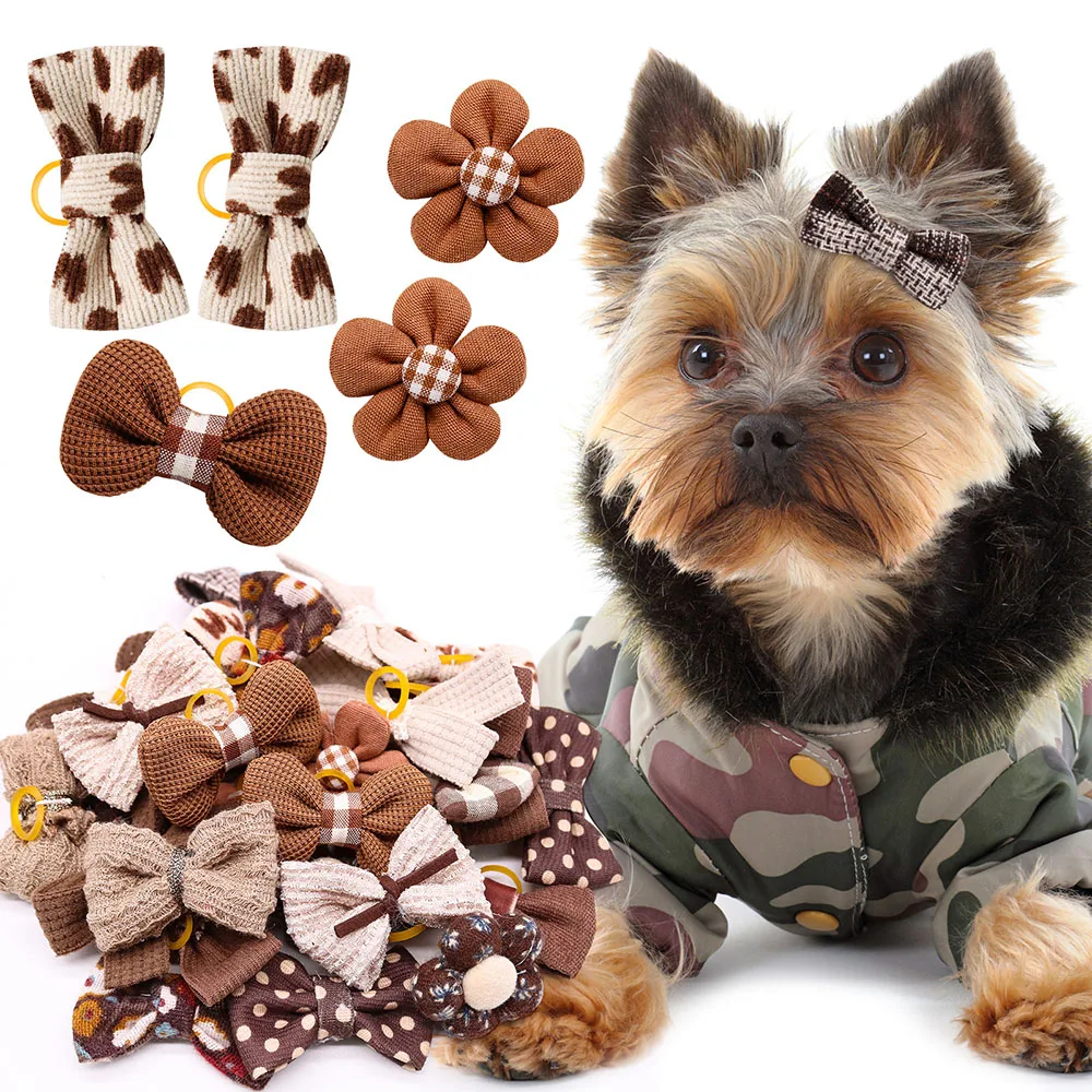 

10PCS Winter Dog Bows Puppy Cat Flower Bowknot Rubber Bands for Dogs Fashion Pet Hair Decorate Dog Grooming Accesories