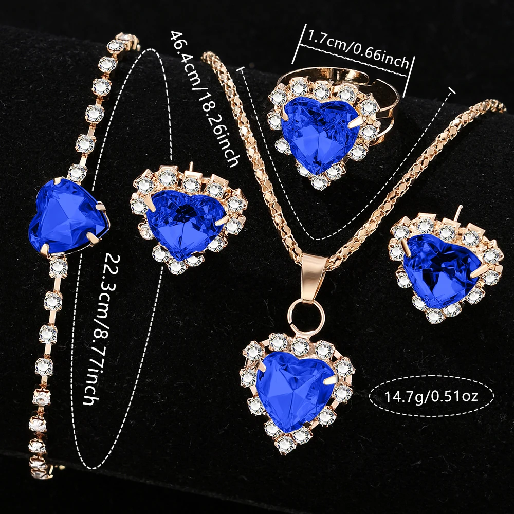 6PCS/Set Women's Blue Alloy Watch Strap Fashionable Rhinestone Quartz Watch Necklace Earrings Jewelry Set 6
