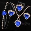 6PCS/Set Women's Blue Alloy Watch Strap Fashionable Rhinestone Quartz Watch Necklace Earrings Jewelry Set 6