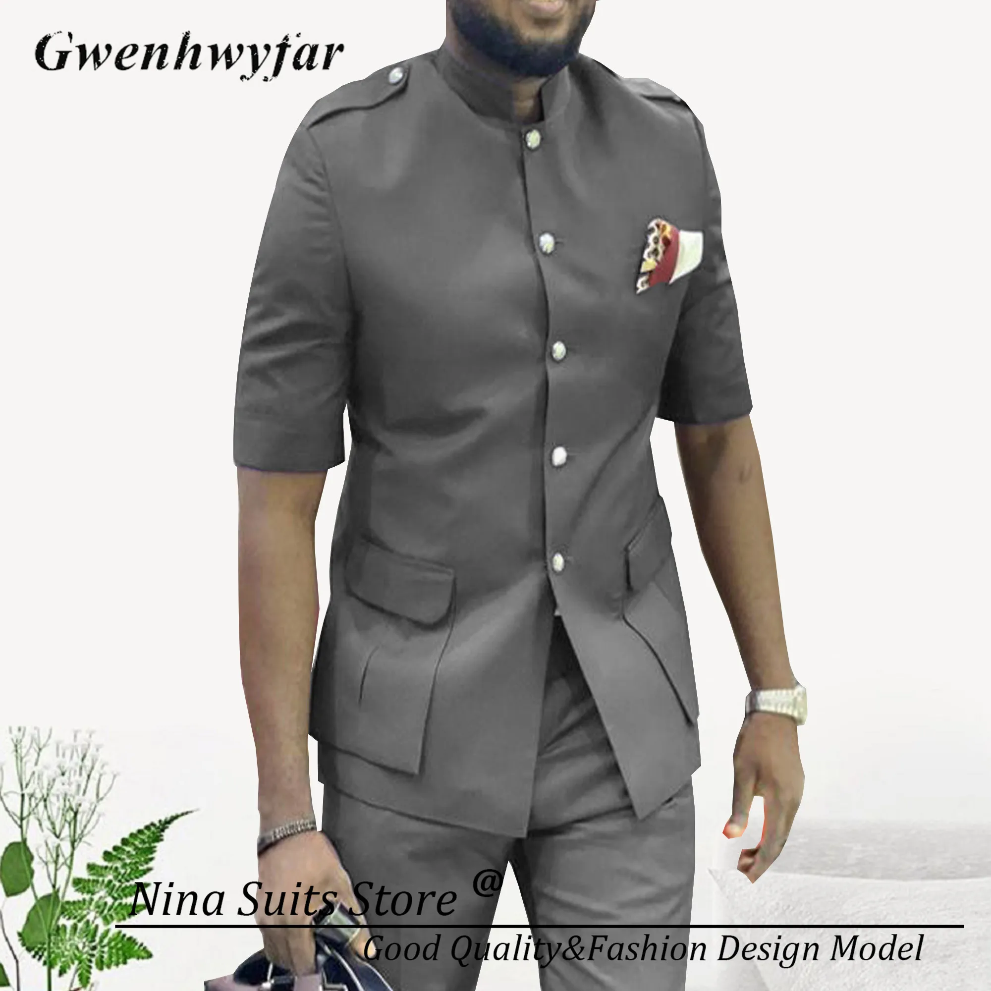 Nina Store African Style Men's Summer 2-piece Suit Formal Short Sleeved Gray Jacket and Pants Metal Silver Buttons on Blazer