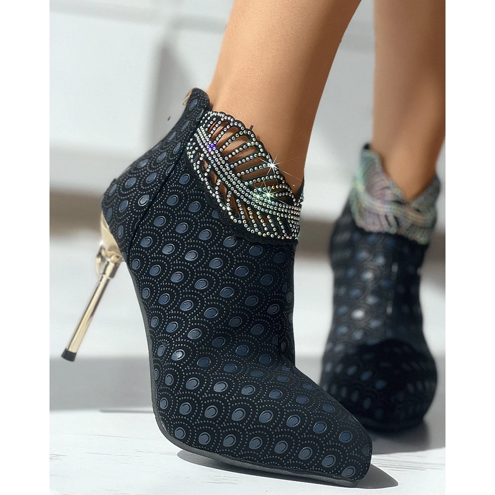 2024 Fashion Women Autumn Rhinestone Pointed Toe Thin Heels Femme Zip High Heel Ankle Boots Party Workwear Party Shoes Korean
