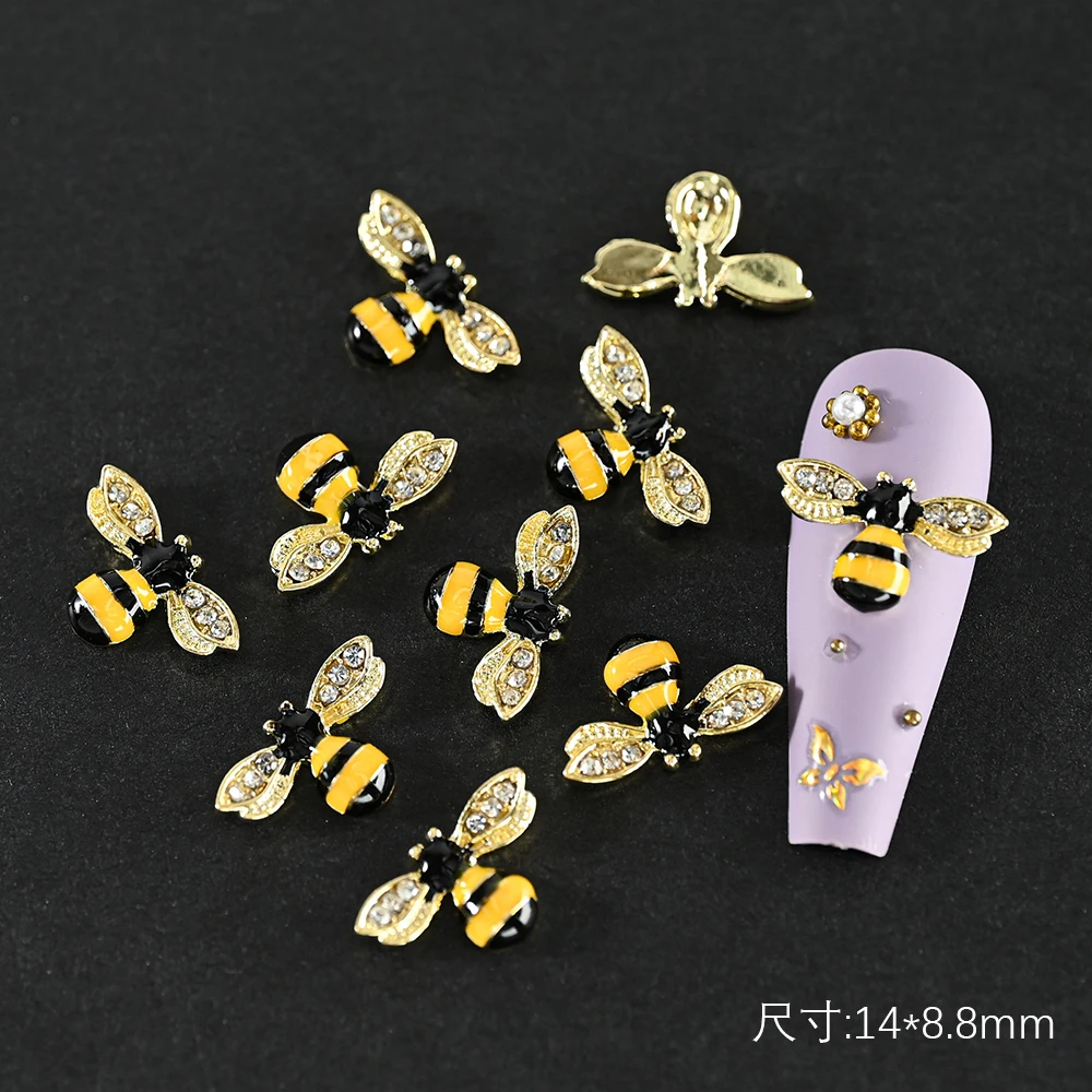 10Pcs/Lot Vintage Rhinestone Nail Charms 3D Enamel Bee Spider Bear Metal Alloy Crystal Jewelry Manicure DIY Nail Art Decorations