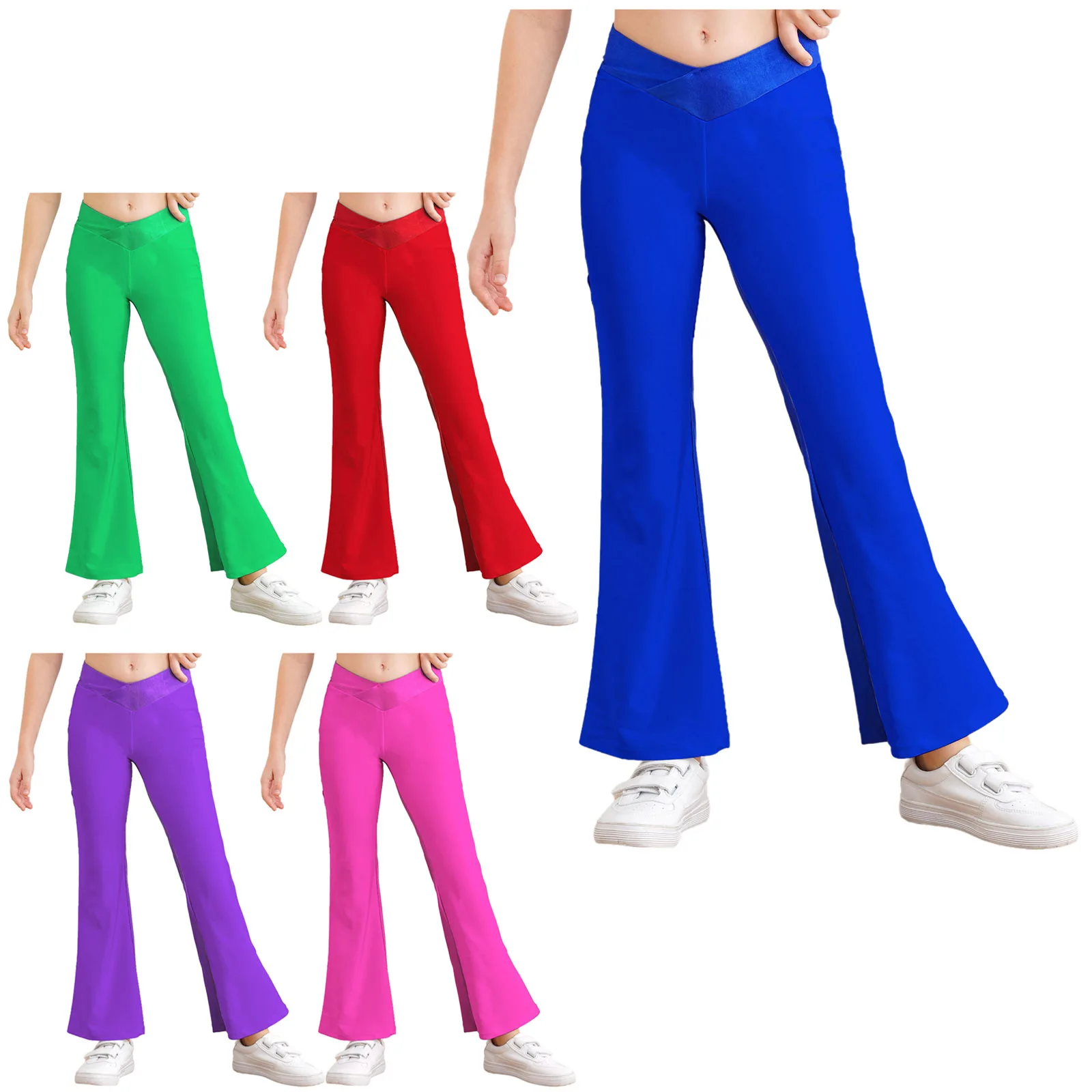 Children's Dance Pants Practice Boys And Girls V-Front Elastic Waistband Slim Latin Dance Jazz Blue Bell Bottom Trousers