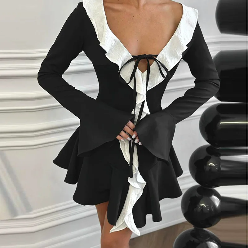 JULISSA MO Patchwork Sexy Cuello en V profundo Volantes Vestido de mujer Negro Manga larga Con cordones Vestido femenino Otoño Slim Elegante Ropa de calle