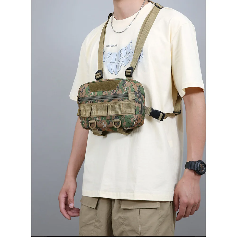 Military enthusiasts wearing vests, charter planes, chest trendy tactical shoulder bags, running hiking backpacks,_voghion.com