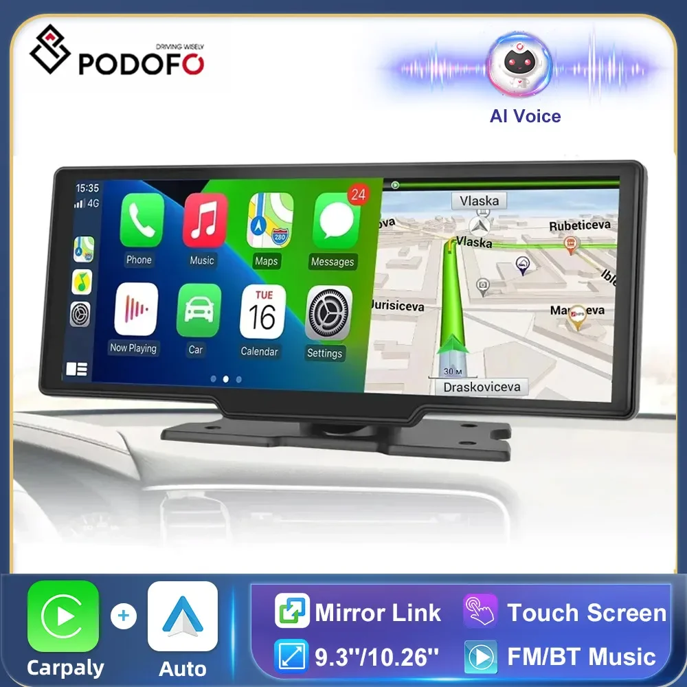 Podofo 10.26" Dash Cam Rearview Camera Carplay & Android Auto Smart Player With Voice Control Car DVR BT FM Mirror Monitor