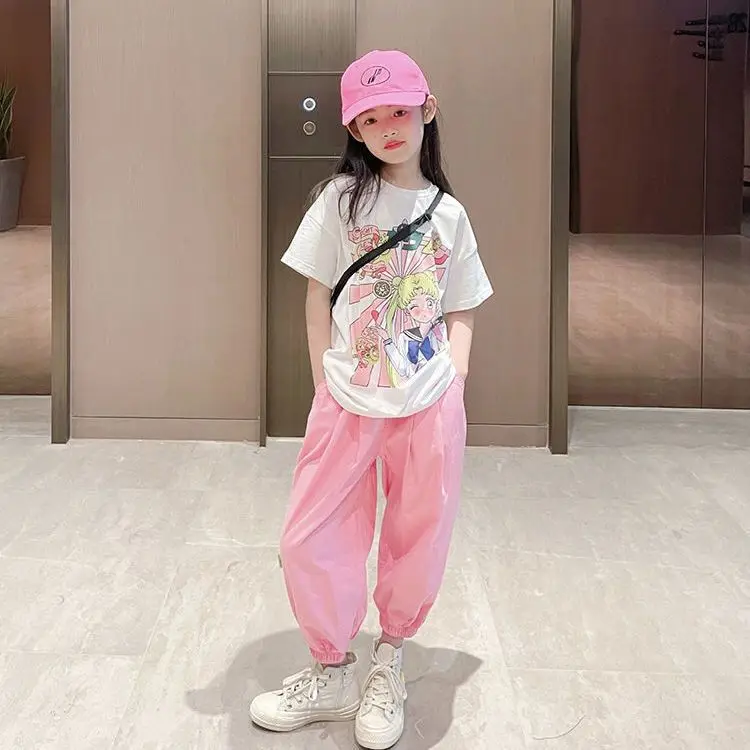 

Girls Summer Suit New Korean Style Youth Teenage Girls Fashion Anime Print T-shirts+Pants 2pcs Sets 4-14 Years Old Girls Clothes