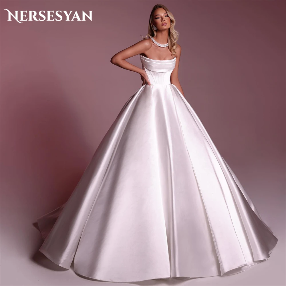 

Nersesyan Pure Satin Vintage Wedding Dresses Pleats Off Shoulder A-Line Bridal Gowns Backless Princess Bride Dress Free Shipping