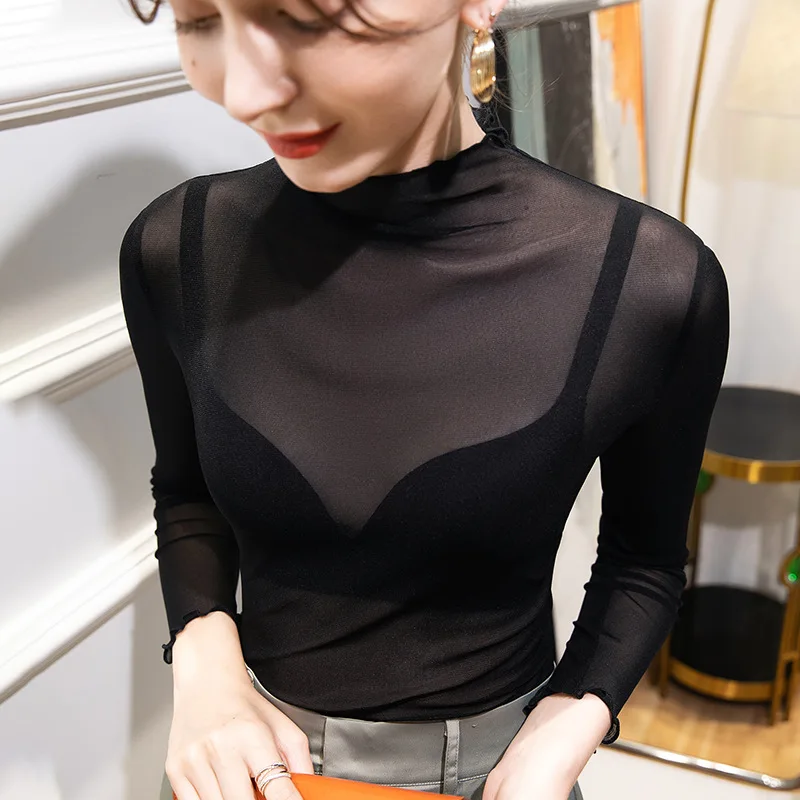 

High Quality 2024 Women Tops Gauze Design Thin T-shirt Female Clothing Winter Autumn Sexy Crop Top Fashion Clothes Casual Y2k
