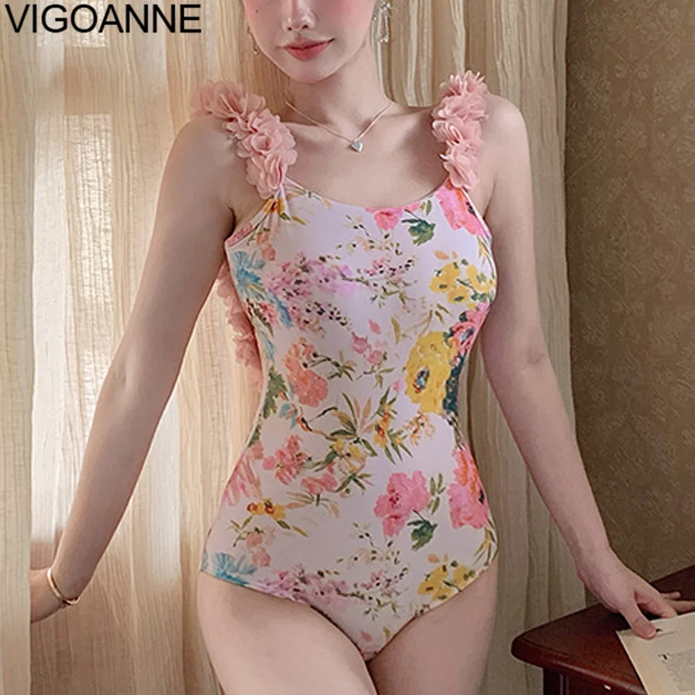 

VigoAnne Print Verge Strapped Swimwear Women 2023 Sexy Push UP One Piece Swimsuit Korean Closed Monokini Backless Bathing Suit