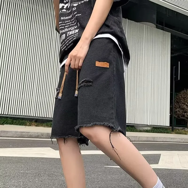 Men's Summer Thin Casual Denim Shorts Vintage Five-Point Pants Loose Fit Trendy Brand Hole Punching Short Length Casual Trousers