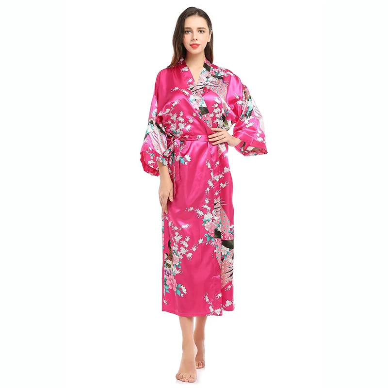 Women Sleepwear Bride Robes Silk Robe Womens Silk Satin Kimono Robes Long Sleepwear Dressing Gown Floral Peacock Printed Pattern Party Wedding Bridesmaid Bathrobe