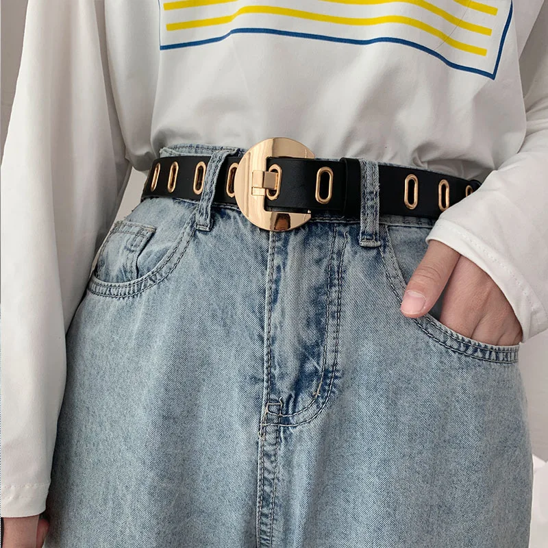 

Women's Fashionable Belts 100cm PU Band Big Metal Holes Gold Color Buckle Belts Woman Jeans Accessories