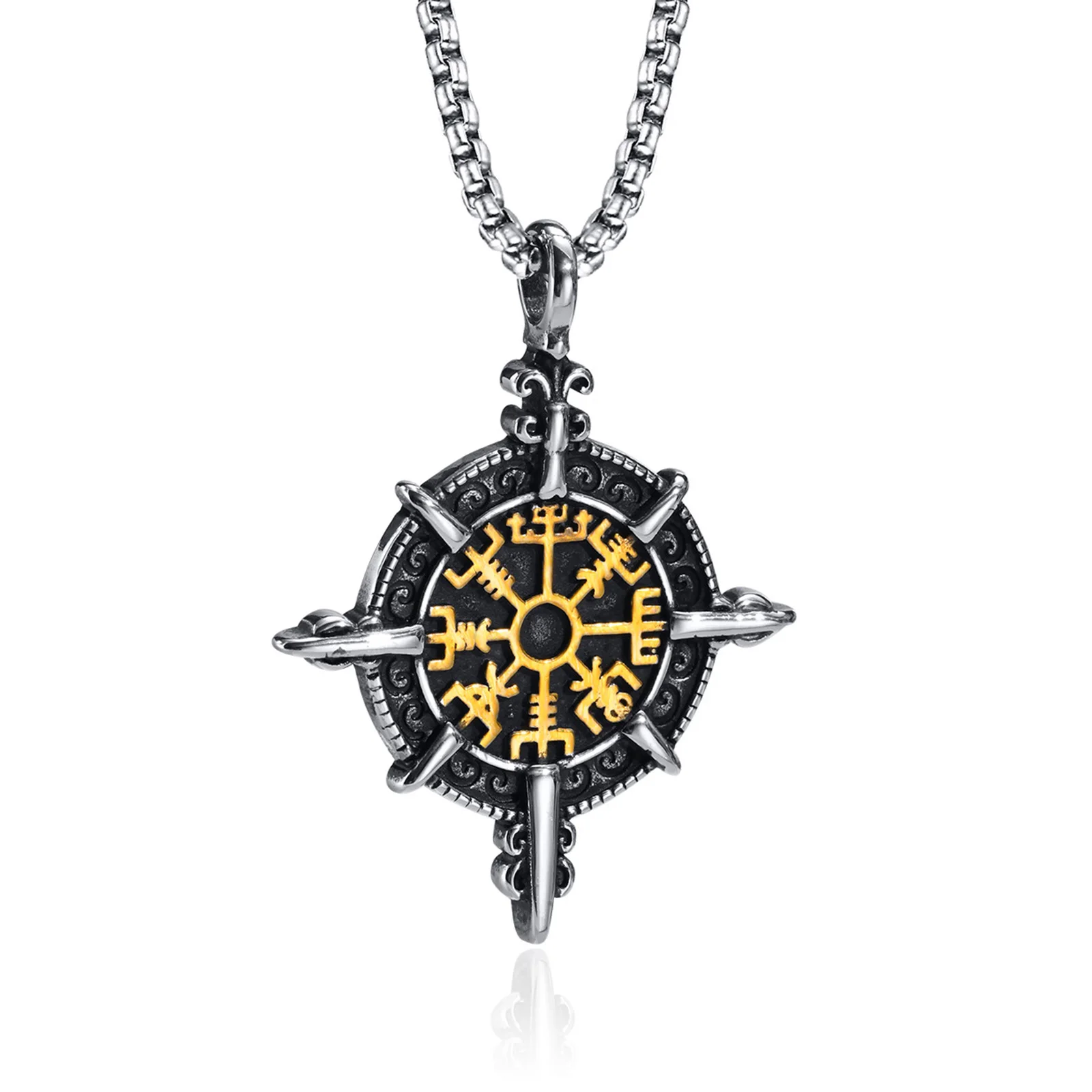 Viking Pendant, Vegvisir Norse Runes Compass Necklace, Stainless Steel Pendant Chain Amulet Men Necklace,Norse Mythology