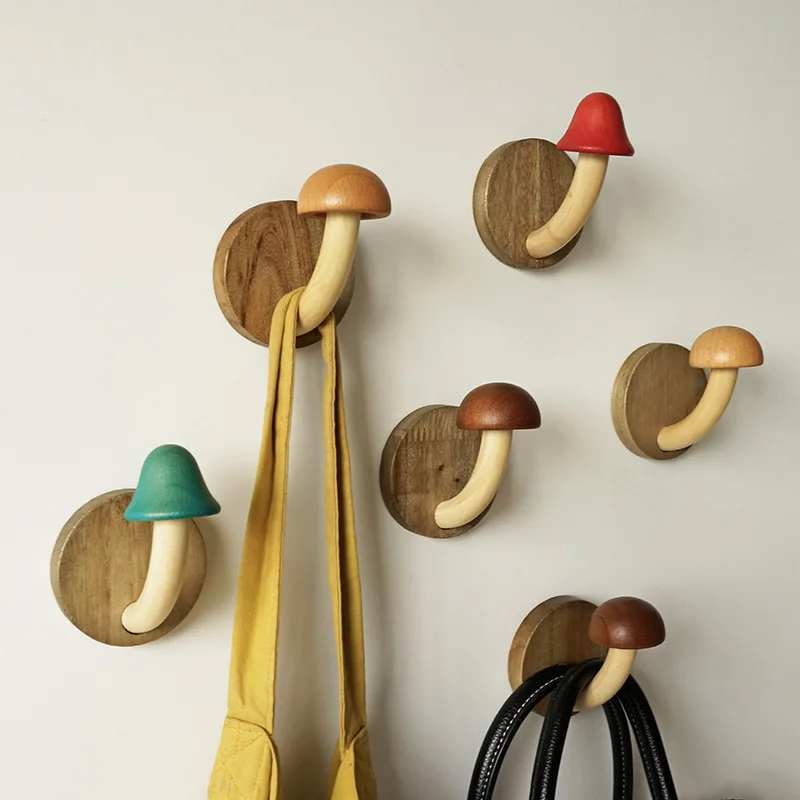 

Mushroom Wood Hook Coat Hat Hanger Punch-free Wall Door Key Holder Hangers Kitchen Bathroom Towel Cloth Storage Hooks Decoration