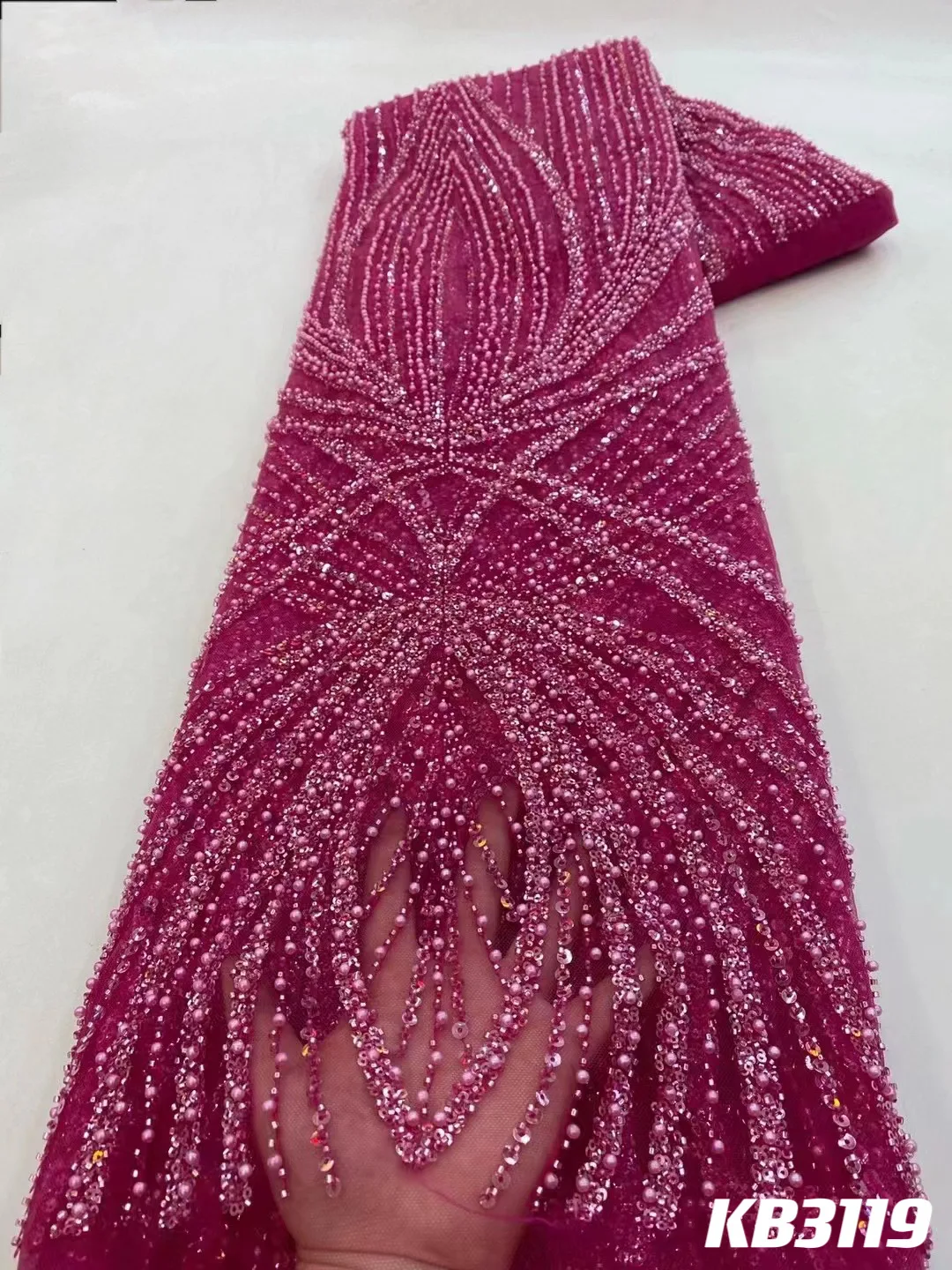 Latest White African Beaded Lace Fabrics Luxury Sequins French Mesh Tulle Beads Lace Fabrics For Wedding Party Dress KB3119